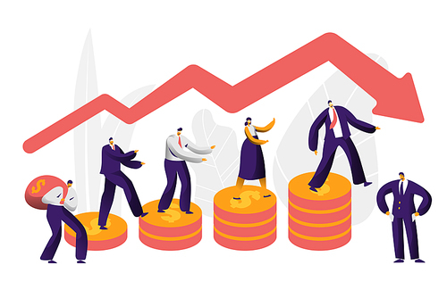 Financial Risk Business Character Arrow Concept. Businessman Walk on Coin Investing Failure Insurance. People Work at Danger Graph Stability. Economy Market Bankrupt Flat Cartoon Vector Illustration