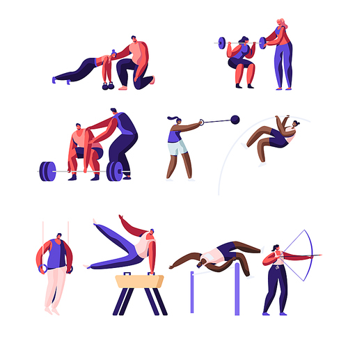 Professional Sport Activities Set. Male and Female Sportsmen Characters Workout. High Jump, Vaulting Horse, Pole Jumping, Core Shot, Bow Shooting, Gymnastics Exercises Cartoon Flat Vector Illustration