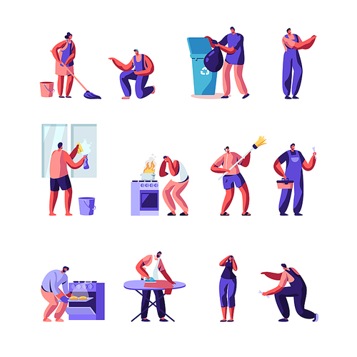 Householders Characters Cleaning Home , Repair Masters Set. People Everyday Routine, Specialists Fixing Technics Service. Housekeeping Management of Duties and Chores. Cartoon Flat Vector Illustration