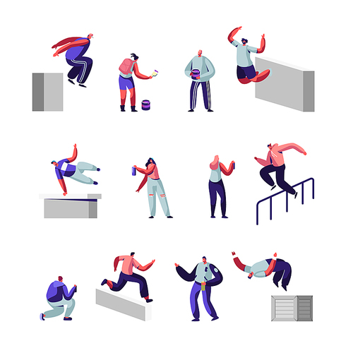 Teenagers Making Parkour Tricks and Paint Graffiti on Street Set. Young Men Jumping Over Walls and Barriers, Urban Culture, Active Lifestyle, Sport Outdoors Activity. Cartoon Flat Vector Illustration