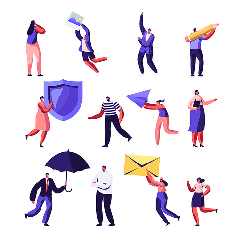Property, Health Medical Insurance, Pr, Social Media Networking Service Set. Male and Female Characters Holding Shield, Umbrella, Paper Airplane, Photo and Envelope. Cartoon Flat Vector Illustration