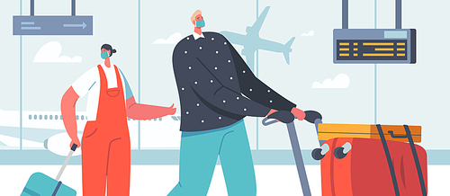 Young Couple Characters Go for Leisure. Man and Woman in Face Masks in Airport Terminal with Flying Airplane behind of Window. Summer Time Vacation, Holidays Voyage. Cartoon People Vector Illustration