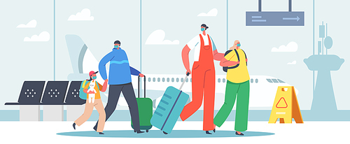 Mother and Father Travelling with Daughters, Family Characters with Bags Walk to Airplane. Happy Parents and Children in Airport Terminal Flying on Summer Vacation. Cartoon People Vector Illustration