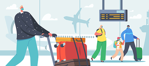 Family Travel with Children on Summer Vacation. Parents and Kids in Airport with Luggage Fly for Holidays. Father, Mother, Daughter and Son Characters Traveling. Cartoon People Vector Illustration