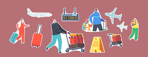 Set Stickers Family Travel with Children. Parents and Kids in Airport with Baggage. Father, Mother, Kids Characters in Masks Traveling by Plane on Summer Vacation. Cartoon People Vector Illustration