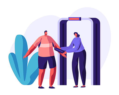 Airport Security Check Concept with Guard Character Scanning Passenger with Metal Detector. Security Checkpoint with Body Scanner. Vector flat illustration