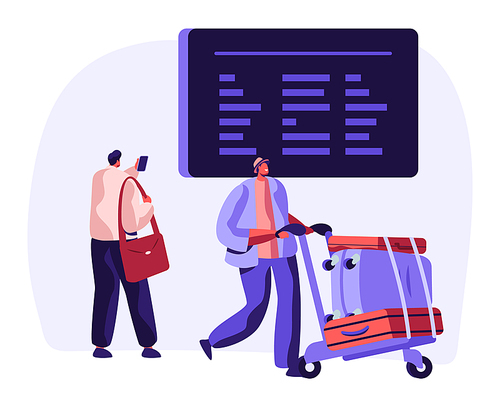 Traveler with Baggage Watch Flights Schedule on Airport Timetable. Airplane Vacation Travel Concept with Man Characters with Luggage and Information Board. Vector flat illustration