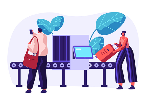 Airport Security Conveyor Belt Scanner. Terminal Checkpoint Metal Detector with Traveler Characters and Baggage. Passengers Check Luggage on X-ray. Vector flat illustration