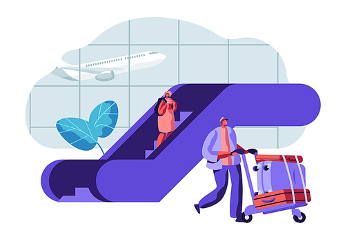 Traveler Passengers Waiting for Departure in Airport. People Characters with Baggage in Airport Terminal and Flying Plane. Vector flat illustration