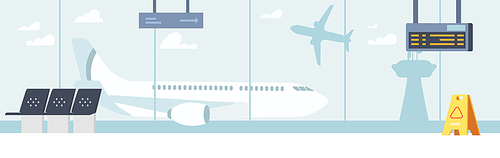 Airport Waiting Room, Empty Terminal Interior With Chairs and Schedule Display. Departure Area with Seats and Wide Window with Control Tower and Flying Airplanes. Cartoon Vector Illustration