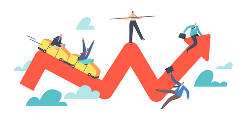 Financial Investment Volatility, Uncertainty or Change in Business and Crisis Stock Market Concept, Businesspeople Characters Riding Up and Down on Roller Coaster. Cartoon People Vector Illustration