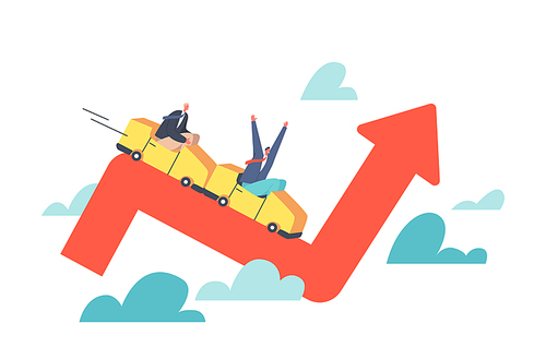 Businessmen Characters Investors Riding Roller Coaster on Red Chart, Fall on Uncertainty, Volatile Up and Down Arrow Profit Graph, Trading Risk, Invest Economy Panic Cartoon People Vector Illustration