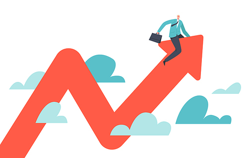 Businessman Character Trying to Balance Riding Up and Down Red Arrow Profit Graph. Financial Investment Volatility Due to Coronavirus Crisis, Capital Investment Risk. Cartoon Vector Illustration