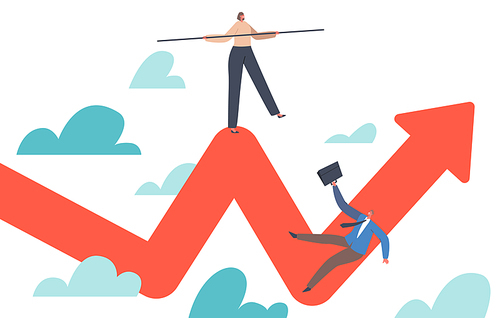 Businessmen Characters Trying to Balance Like Tightrope Walker and Fall Down from Zig-Zag Arrow Profit Graph, Volatility Gobble Investment during Financial Crisis. Cartoon People Vector Illustration