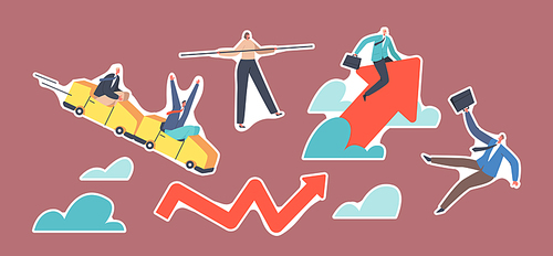Set of Stickers Financial Investment Volatility, Crisis Stock Market, Business Invest Risk Concept. Businesspeople Characters Riding Up and Down on Roller Coaster. Cartoon People Vector Illustration