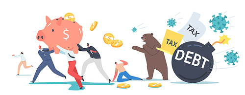 Bear Market at Covid-19 Virus Pandemic, Stock Market Panic Sell due to Novel Coronavirus. Business Investor Characters Run Away from Pathogen Cells and Bear Claws. Cartoon People Vector Illustration