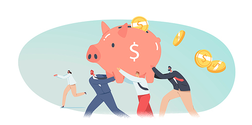 Tiny Business Investor Characters with Huge Piggy Bank Trying to Escape Financial Crisis, Businessmen and Businesswomen Save Money, Loss at Covid Pandemic Concept. Cartoon People Vector Illustration