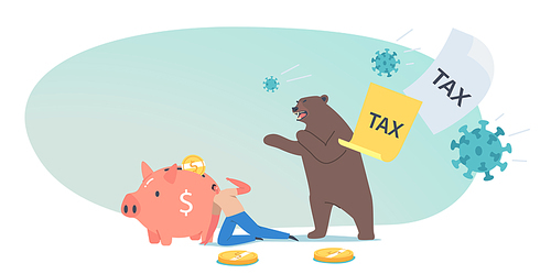 Business Investor Character Run Away from Pathogen Cells, Tax and Bear Claws. Stock Market at Covid-19 Virus Pandemic, Panic Sell due to Novel Coronavirus Epidemic. Cartoon People Vector Illustration