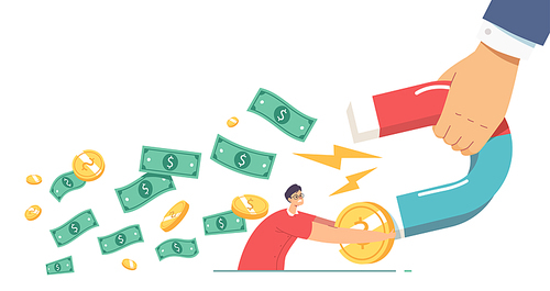 Collectors Chase, Financial Loan Demand from Borrower, Debt Collection Concept. Huge Hand with Magnet Attracting Money from Male Character Trying to Holding his Capital. Cartoon Vector Illustration