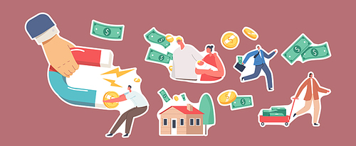 Set of Stickers Debt Collection Theme. Hand with Magnet, Family Characters with Baby on Hands, Cottage House, Businessman Escaping, Money Bills and Coins Flying. Cartoon People Vector Illustration