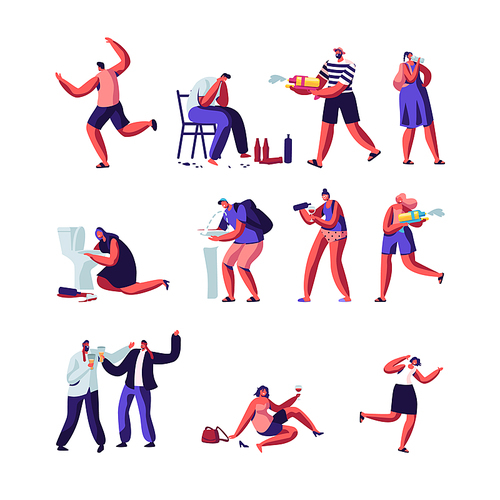 Drinkers and People Playing with Water Guns Set. Characters with Alcohol Addiction, Drunk Men and Women Lying on Ground, Puking, Hot Summer Time Season Weather Games. Cartoon Flat Vector Illustration