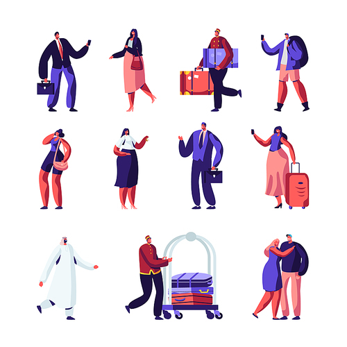 Hotel Staff and Guests Set. Businessman, Receptionist, Clerk Meeting Lodgers, Arabic European Clients, Doorman with Cart for Baggage, People Accommodation in Motel, Cartoon Flat Vector Illustration