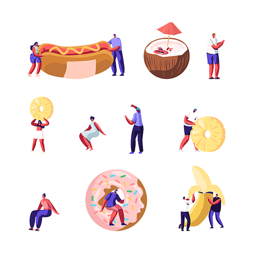 Set of Tiny Male and Female Characters Interacting with Huge Food Hot Dog Donut Banana Coconut and Pineapple Slices. People Eating Fast Food and Fruits in Cafe Meal Cartoon Flat Vector Illustration
