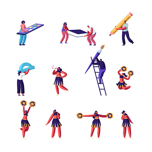 Education and Cheerleading Concept Set. Characters Holding Huge Stationery Accessories for School.Cheerleaders Team in Uniform Dance on Sports Event or Competition. Cartoon Flat Vector Illustration