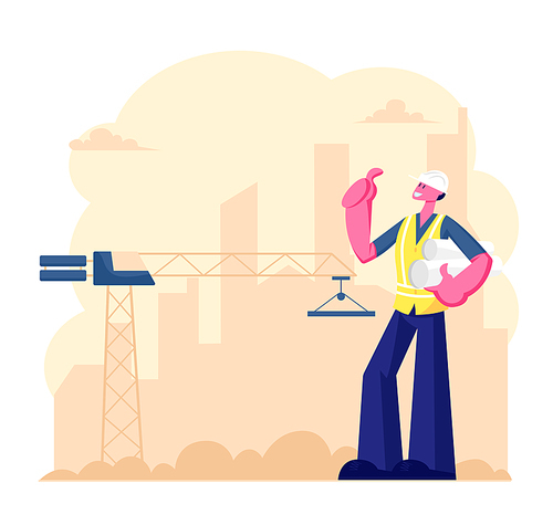 Architect or Engineer Worker Wearing Helmet Holding Project Blueprint Stand at Building Site with Working Crane. Builder Male Character Occupation Engineering Concept Cartoon Flat Vector Illustration