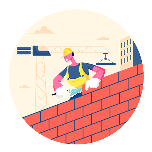 Builder Male Character Wearing Helmet and Uniform Holding Trowel Put Concrete for Laying Brick Wall Completed and Rejoice of Work. Man Engineer at Construction Site. Cartoon Flat Vector Illustration