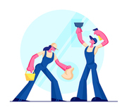 Cleaning Service, Male and Female Characters Wearing Blue Uniform Overalls Washing and Wiping Window with Rag. Man Woman Professional Cleaning Company Working Process. Cartoon Flat Vector Illustration