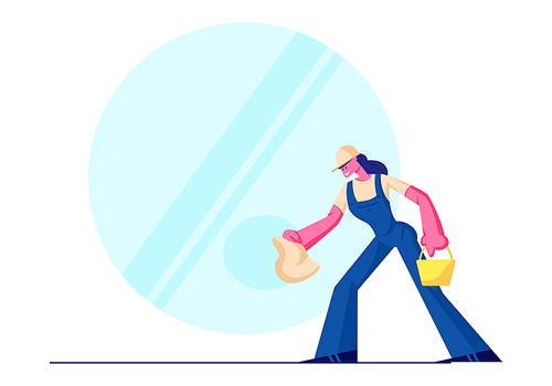 Cleaning Service, Female Character Wearing Blue Uniform Overalls Washing and Wiping Window with Rag. Woman Employee of Professional Cleaning Company Working Process. Cartoon Flat Vector Illustration