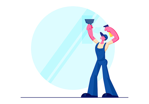 Cleaning Service, Male Character Wearing Blue Uniform Overalls Washing Window Wiper and Water Sprayer . Man Professional Employee of Cleaning Company Working Process. Cartoon Flat Vector Illustration