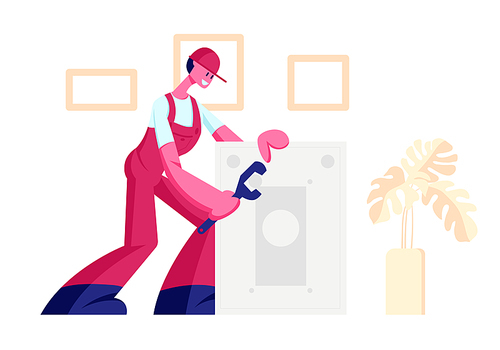 Husband for an Hour, Repair Service Joyful Male Character in Uniform Working with Instruments Fixing Broken Technics at Home. Electrician, Plumber Call Master at Work Cartoon Flat Vector Illustration