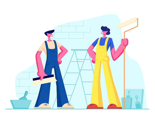 Professional Construction Workers with Tools. Male Characters in Uniform Overalls Standing on Background with Ladder, Paint Buckets and Equipment for Home Repair. Cartoon Flat Vector Illustration