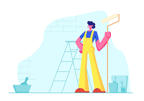 Home Repair Worker with Roller for Wall Painting. Professional Construction Master in Uniform Overalls Stand on Background with Ladder, Paint Buckets and Equipment. Cartoon Flat Vector Illustration