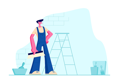 Professional Home Improvement Master in Blue Overalls with Scrapper in Hand. Construction Worker with Tool. Male Character in Uniform and Equipment for Home Repair. Cartoon Flat Vector Illustration