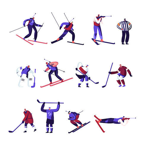 Winter Sport Activities Hockey, Freestyle, Biathlon Competition or Training Set Isolated on White Background. Sportsmen in Uniform Take Part in Championship Tournament Cartoon Flat Vector Illustration