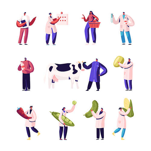 Milk and Vegetable Production Manufacture Set Isolated on White Background. Male and Female Characters Wearing White Robe Plant Staff Produce Food. Man with Cow. Cartoon Flat Vector Illustration