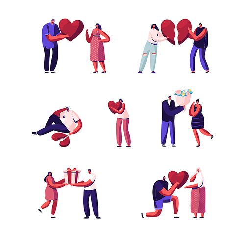 Set of Lovers in Beginning and End of Loving Relations. Young Man and Woman Characters Pull Apart Broken Heart Parts, Dating. Man Giving Flowers and Gift to Woman. Cartoon People Vector Illustration