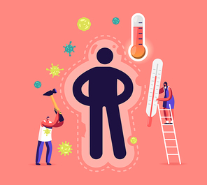 People Boost Immune System, Protect from Germs, Virus Cells and Bacteria Attack Weak Immunity Concept. Tiny Male or Female Characters with Thermometer at Huge Human Figure. Cartoon Vector Illustration