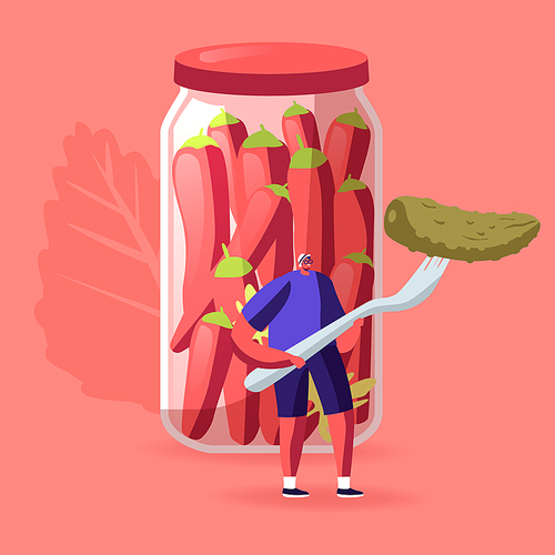 Tiny Male Character Holding Huge Pickle on Fork Stand at Glass Jar with Marinated Red Chili Peppers. Vegetarian Preserves and Homemade Marinated Food Cooking Recipe. Cartoon Vector Illustration