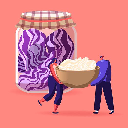 Tiny Male and Female Characters Cooking Fermented Food in Glass Jars. Homemade Red Cabbage Preservation, Kimchi Choucroute Gourmet Recipe, Vegan Food Fermentation. Cartoon People Vector Illustration