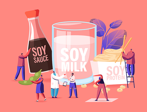 Soy Products Concept, Organic Natural Food of Soya Beans. Sauce, Meat and Milk from Legume Pods, Tiny Male and Female Characters Eat Healthy Vegetarian Snacks and Meal Cartoon Flat Vector Illustration