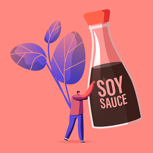 Tiny Male Character Holding Huge Soy Bean Sauce in Bottle. Chinese or Japanese Condiment, Asian Food Spice in Glass Flask with Red Cap. Soybean Oriental Seasoning Cartoon Flat Vector Illustration