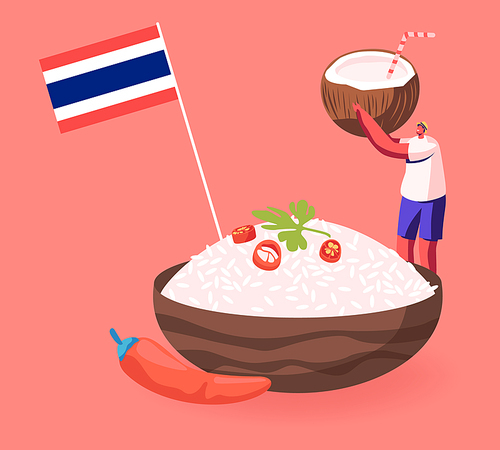 Thai Food Concept. Man Hold Coconut with Straw Stand near Huge Bowl with White Rice and Red Hot Chili Pepper and Thailand Flag. Traditional Asian Meal, Healthy Dish. Cartoon Flat Vector Illustration