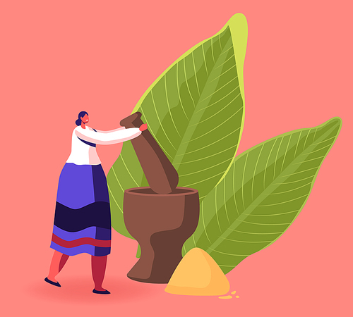 Woman in Traditional Thai Dress Grinding Seasoning in Mortar with Pile of Turmeric nearby Making Sauce or Cooking Spicy Food. Thailand Cuisine National Food Concept Cartoon Flat Vector Illustration