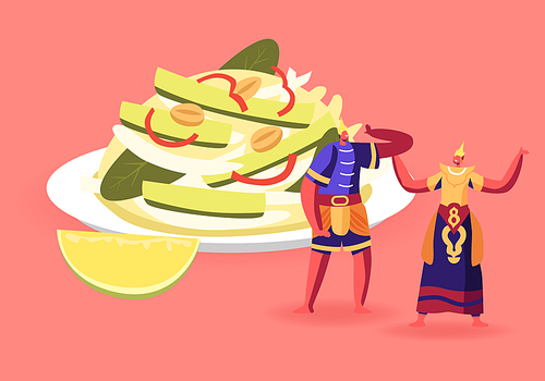 Man and Woman in Traditional Thailand Costumes Stand near Huge Plate with Traditional Asian Vegetable Salad with Cucumbers and Lime. Restaurant Meal, National Menu Cartoon Flat Vector Illustration