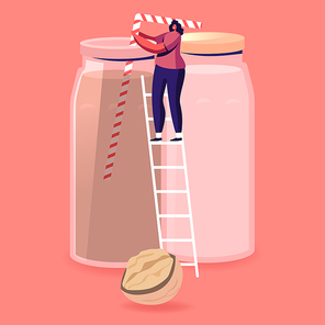 Tiny Woman Vegan Character Stand on Ladder Drinking Dairy Free Milk Made of Walnuts. Alternative Non Lactose Drink, Healthy Nut Beverage, Vegetarian Nutrition, Dieting. Cartoon Vector Illustration