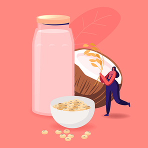 Alternative Non Lactose Drink, Vegan Character Drinking Dairy Free Milk Made of Coconut and Soy Beans. Healthy Nut Beverage, Vegetarian Raw Meals Nutrition and Dieting. Cartoon Vector Illustration